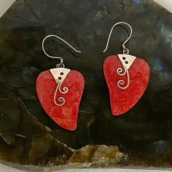Sterling Silver 925 1.83" Red Sponge Coral Scrollwork Dangle Earrings 4.6g - Picture 4 of 16